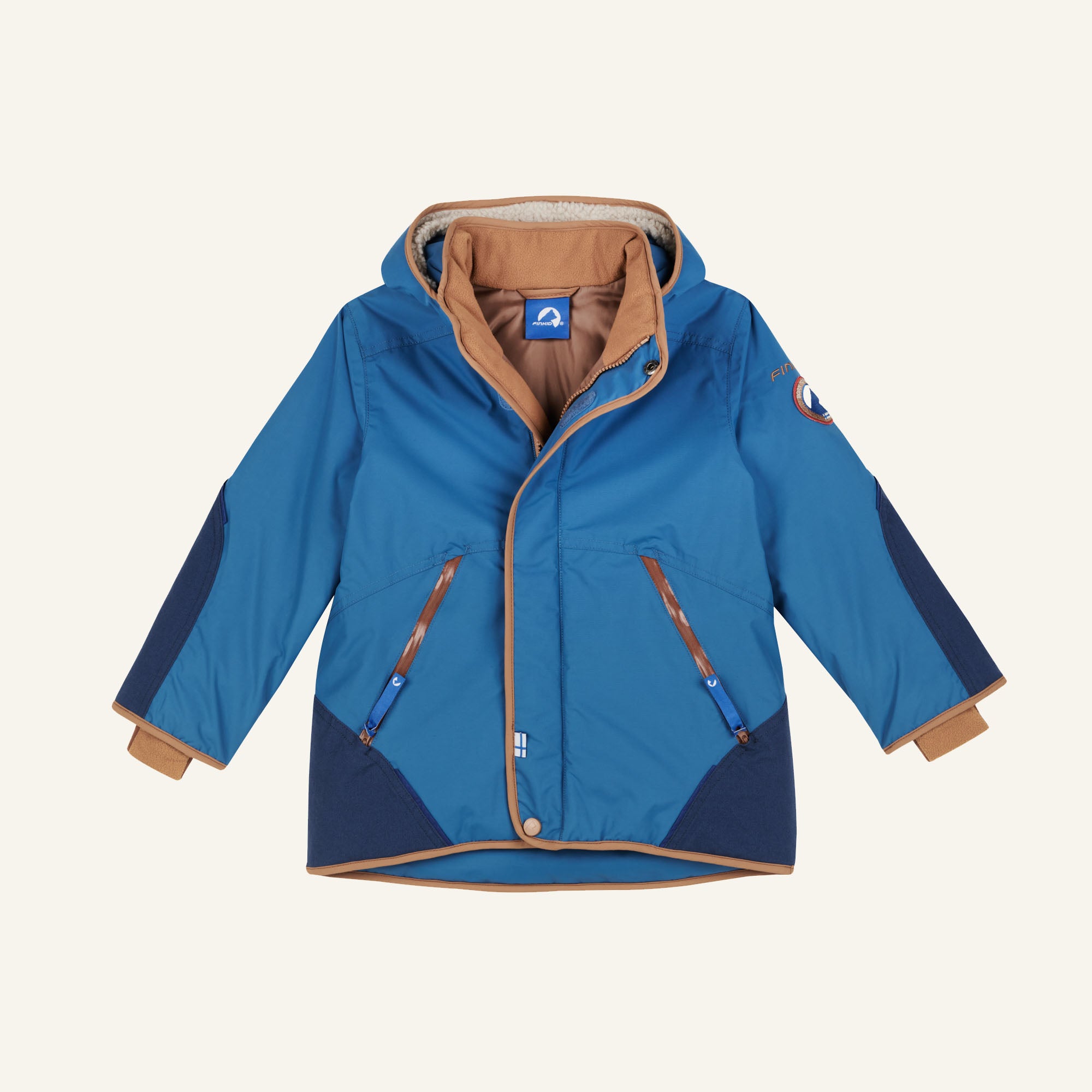 Winterjacke mit Kapuze, blau, orange eingefasste Taschen und Reißverschluss vorn