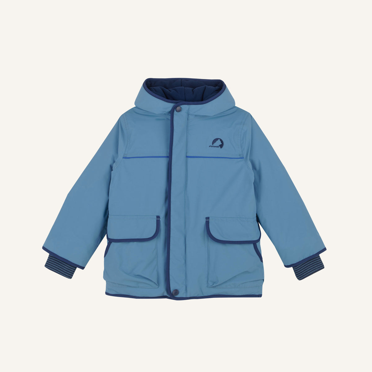 Kids' winter jacket with hood, full zip, and two chest pockets, blue