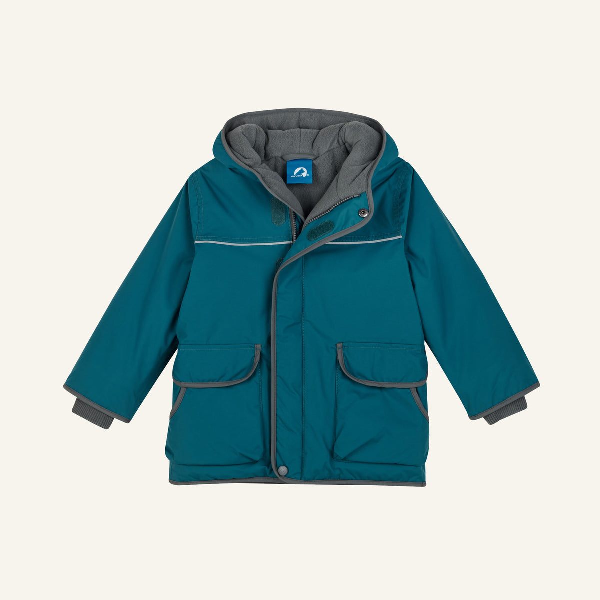 Kids' winter jacket with hood, front zipper, and two pockets, petrol green