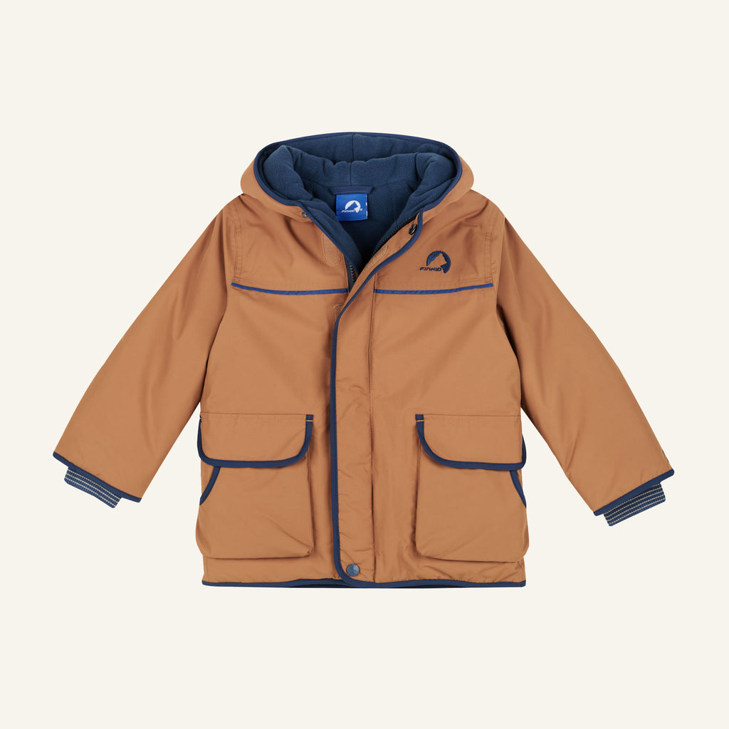 Kinder-Sportjacke mit Kapuze, Frontreißverschluss und Taschen, braun mit dunkelblauen Details