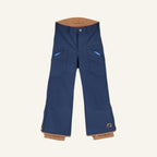 Dark blue snow pants with button front, adjustable waistband, side pockets, and sleeve cuffs