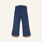 Dark blue snow pants with knee patches, pockets, and orange inner lining at the hem