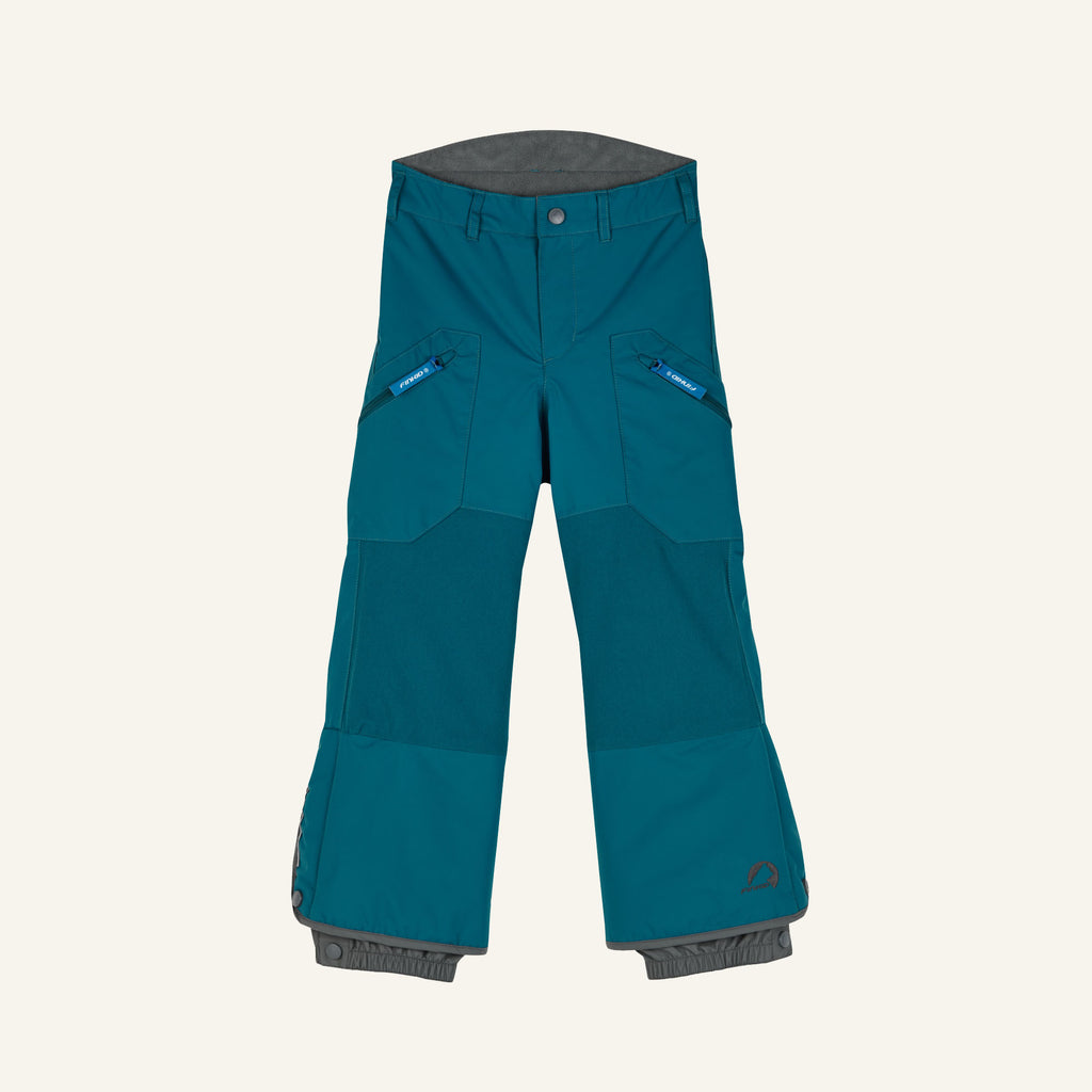 Snow pants in petrol with a button placket, side pockets, and blue zipper trim