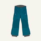 Snow pants in petrol with a button placket, side pockets, and blue zipper trim