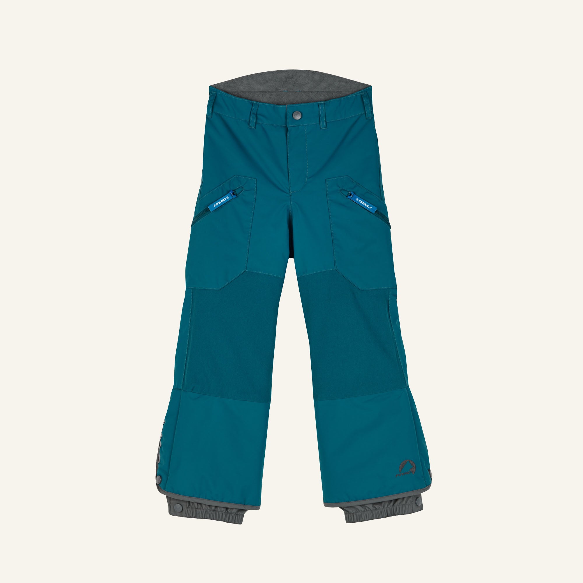 Snow pants in petrol with a button placket, side pockets, and blue zipper trim