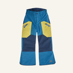 Blue-yellow snow pants with colored front panels, pockets, and side zipper details