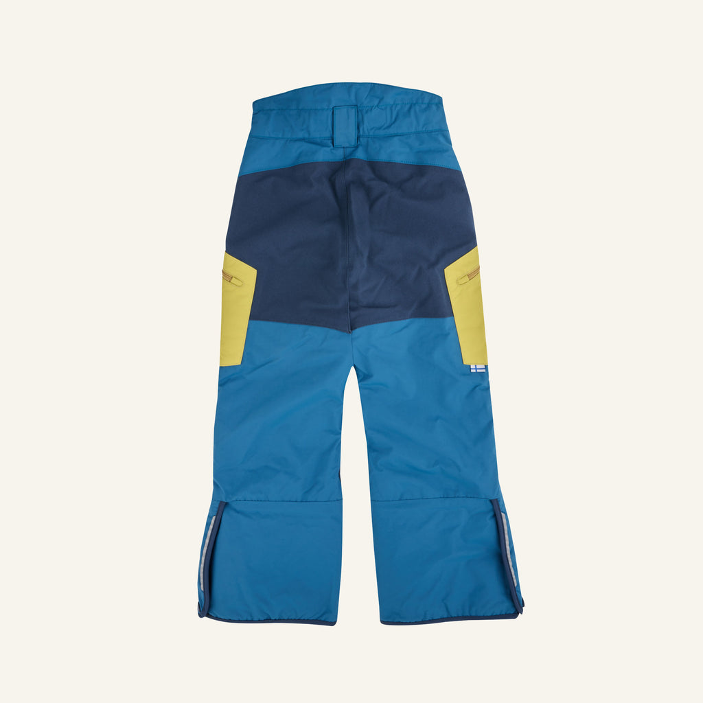 Blue snow pants with yellow side inserts, pockets, and reinforced knees