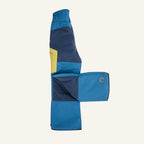 Blue snow pants with large colorful panels, side pockets, and a mid-back seam