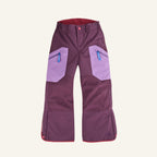 Snow pants in dark purple with violet inserts, front button, and blue zippered pockets.