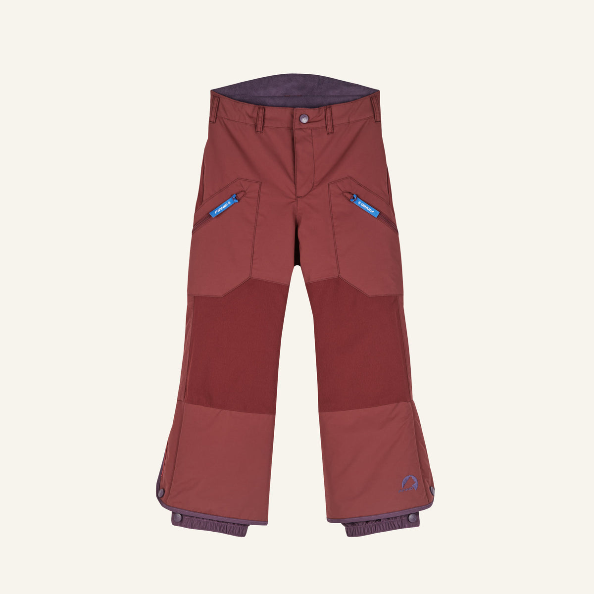 Snow pants in rust red with front button, side zippered pockets, and dark blue hem cuffs