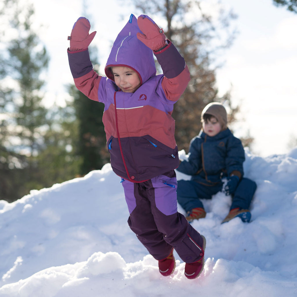 Children's snow pants in purple with dark red accents and blue appliqué