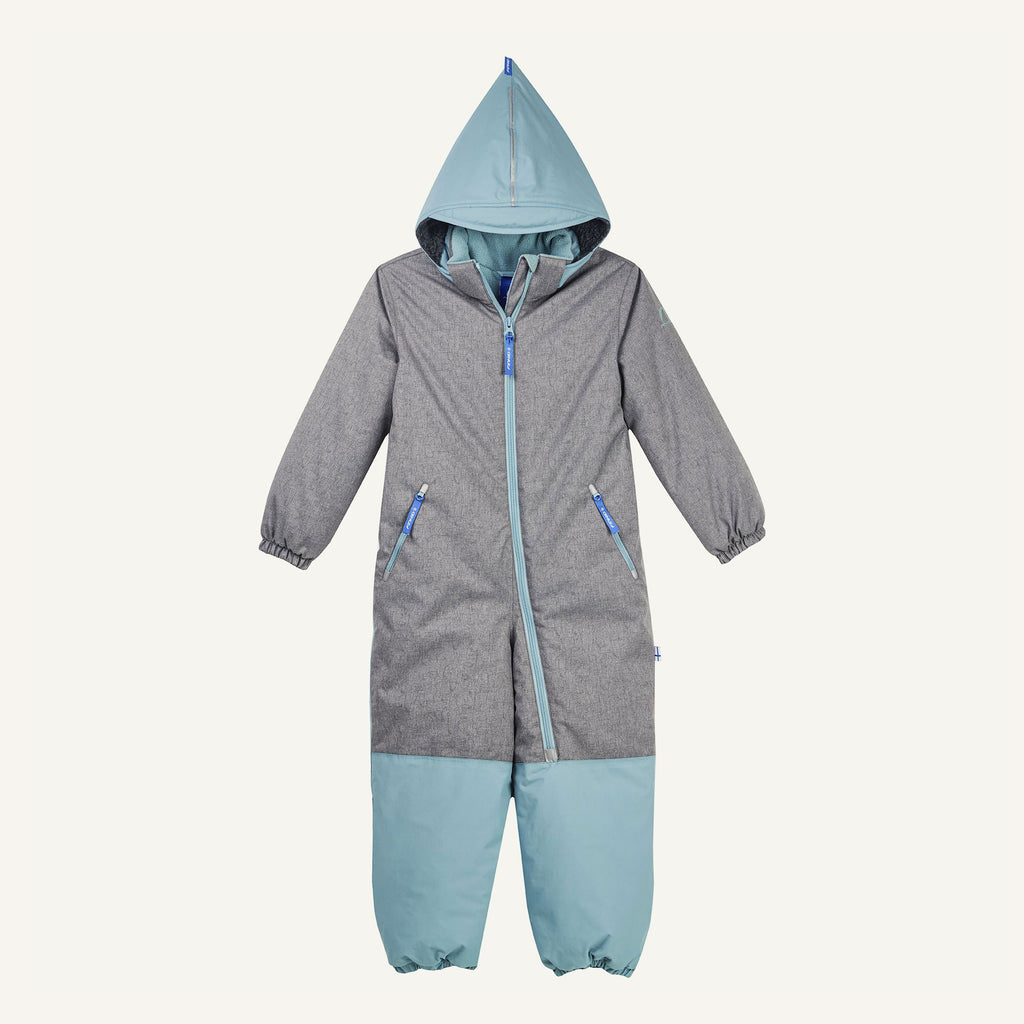 Kinder-Winteroverall mit Kapuze, durchgehendem Reißverschluss, grau-blaue Kontrastdetails, langarm