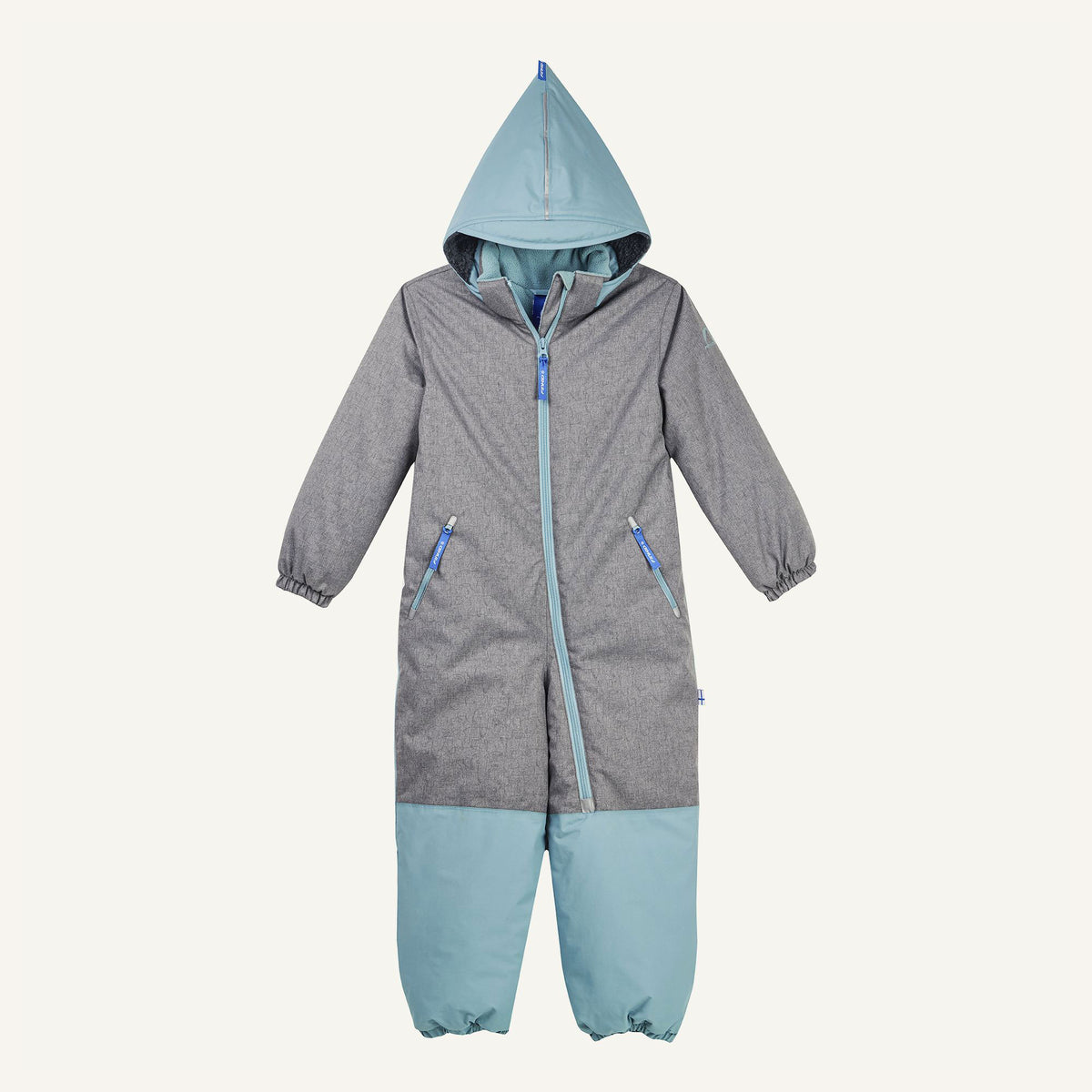 Kinder-Winteroverall mit Kapuze, durchgehendem Reißverschluss, grau-blaue Kontrastdetails, langarm
