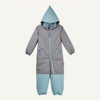 Kinder-Winteroverall mit Kapuze, durchgehendem Reißverschluss, grau-blaue Kontrastdetails, langarm