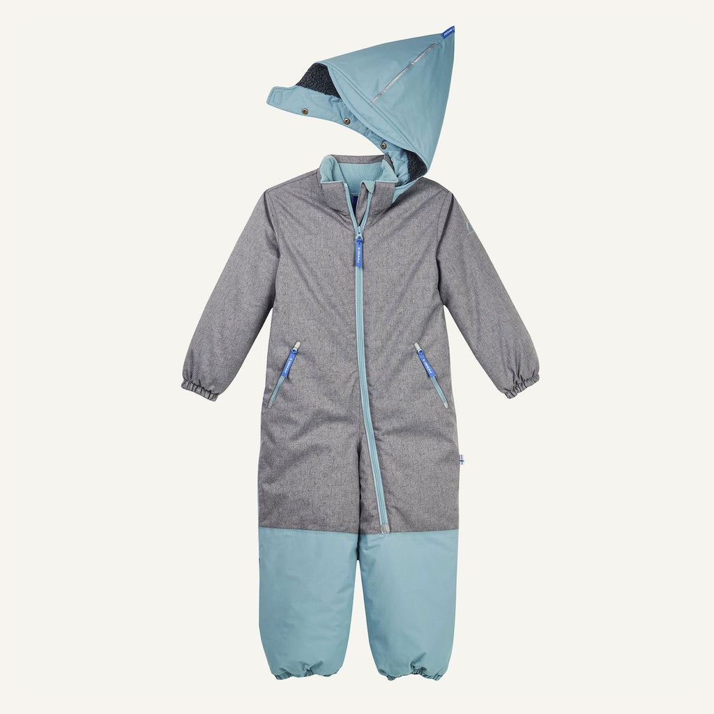 Kinder-Winteroverall mit Kapuze und Reißverschluss, grau mit hellblauer Vorderansicht