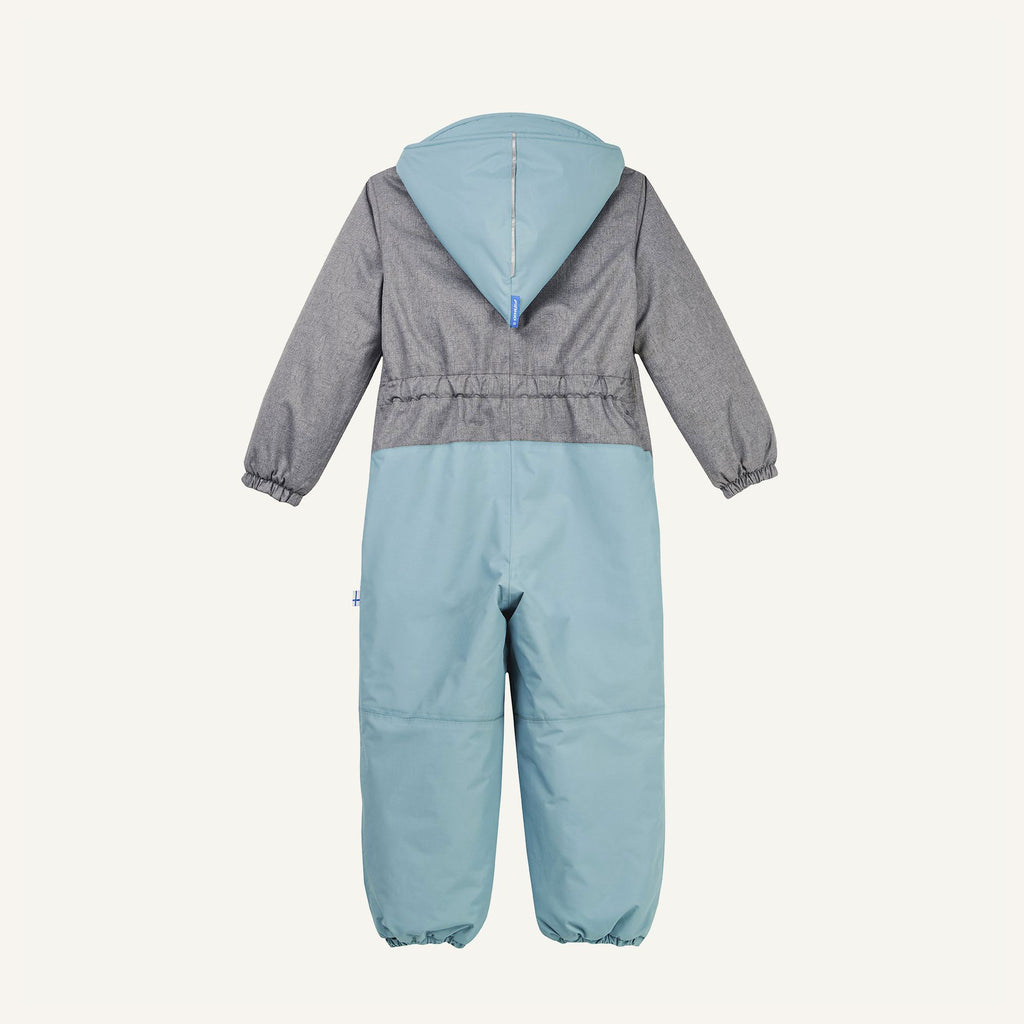 Kinder-Winteroverall mit Kapuze, Rückenansicht, grau-hellblaue Farbkombination
