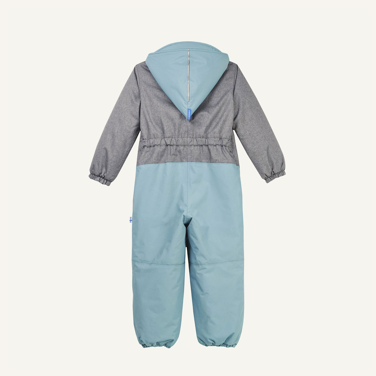 Kinder-Winteroverall mit Kapuze, Rückenansicht, grau-hellblaue Farbkombination
