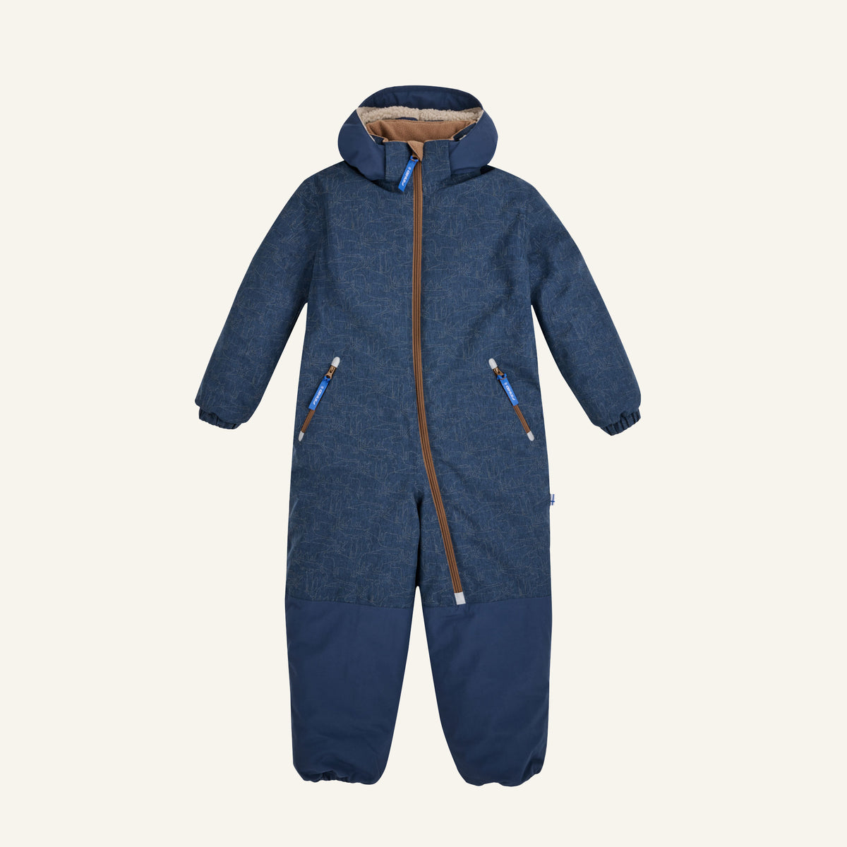 Kinder-Winteroverall mit Kapuze, durchgehendem Reißverschluss, dunkelblau-braunes Futter, zweifarbig