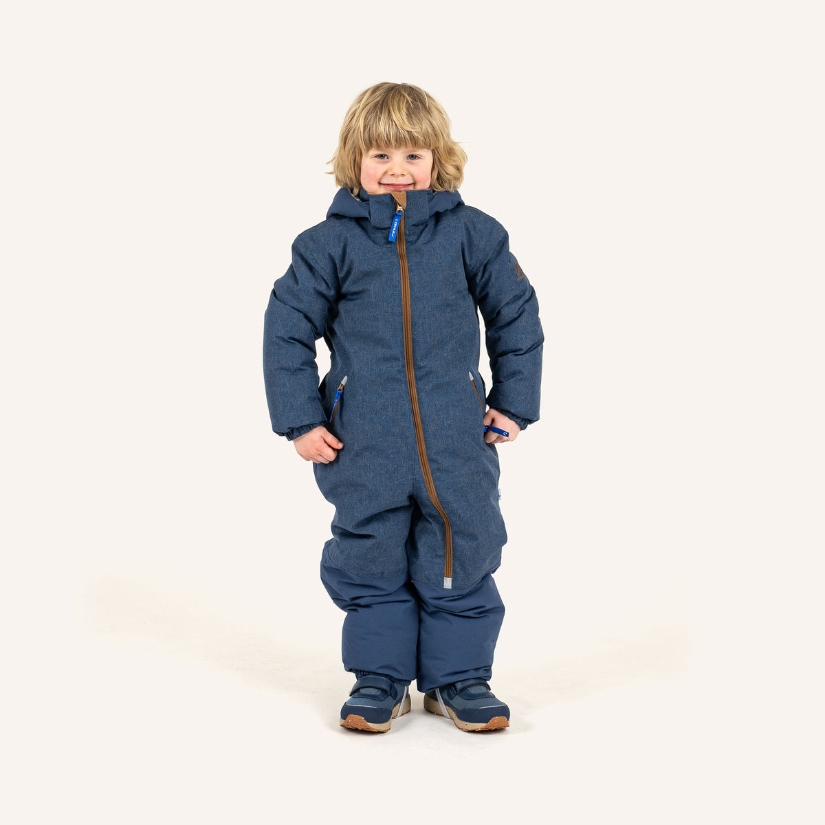 Kinder-Winteroverall mit Kapuze und Reißverschluss, dunkelblau, seitliche Reißverschlusstaschen, lang
