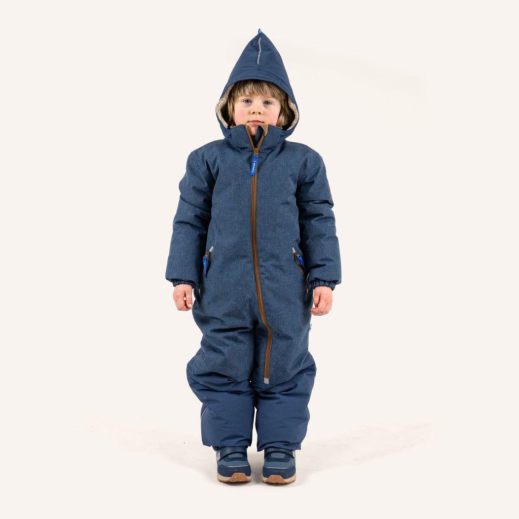 Kinder-Winteroverall mit spitzer Kapuze, Frontreißverschluss, dunkelblau mit braunen Akzenten