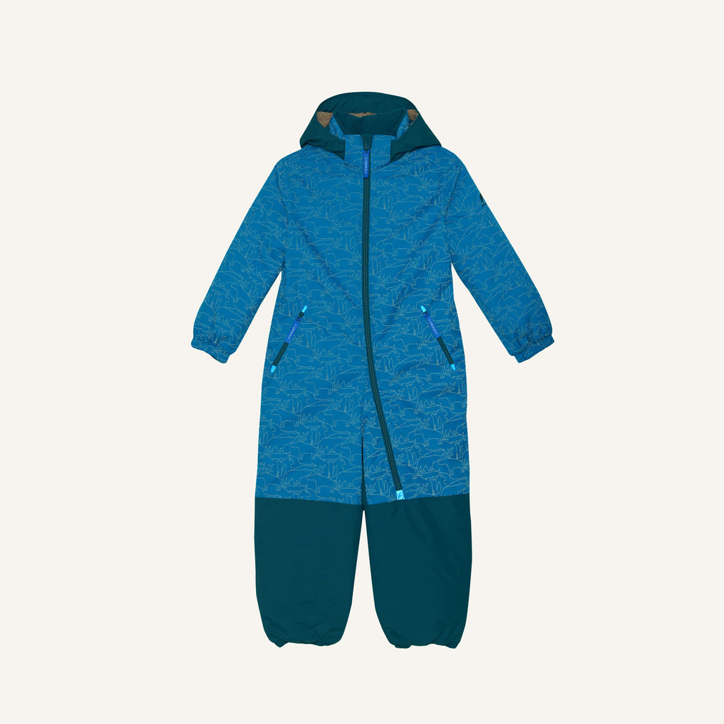 Kinder-Winteroverall mit Kapuze, durchgehendem Reißverschluss, blau gemustert mit dunklem Fußbereich