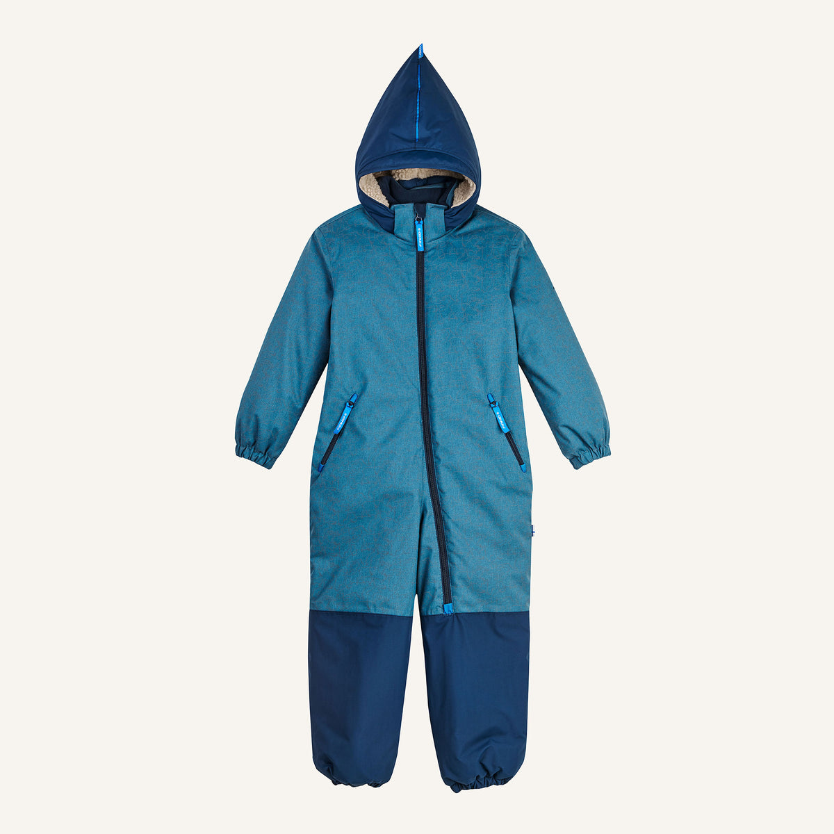 TURVA ICE Kinder-Winteroverall, blau mit Kapuze und Reißverschluss, gefütterte Vorderansicht