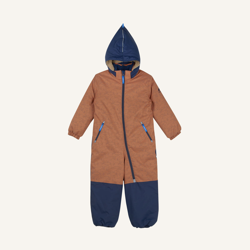 Brauner Kinder-Overall mit Kapuze, Reißverschluss und dunkelblauen Einsätzen
