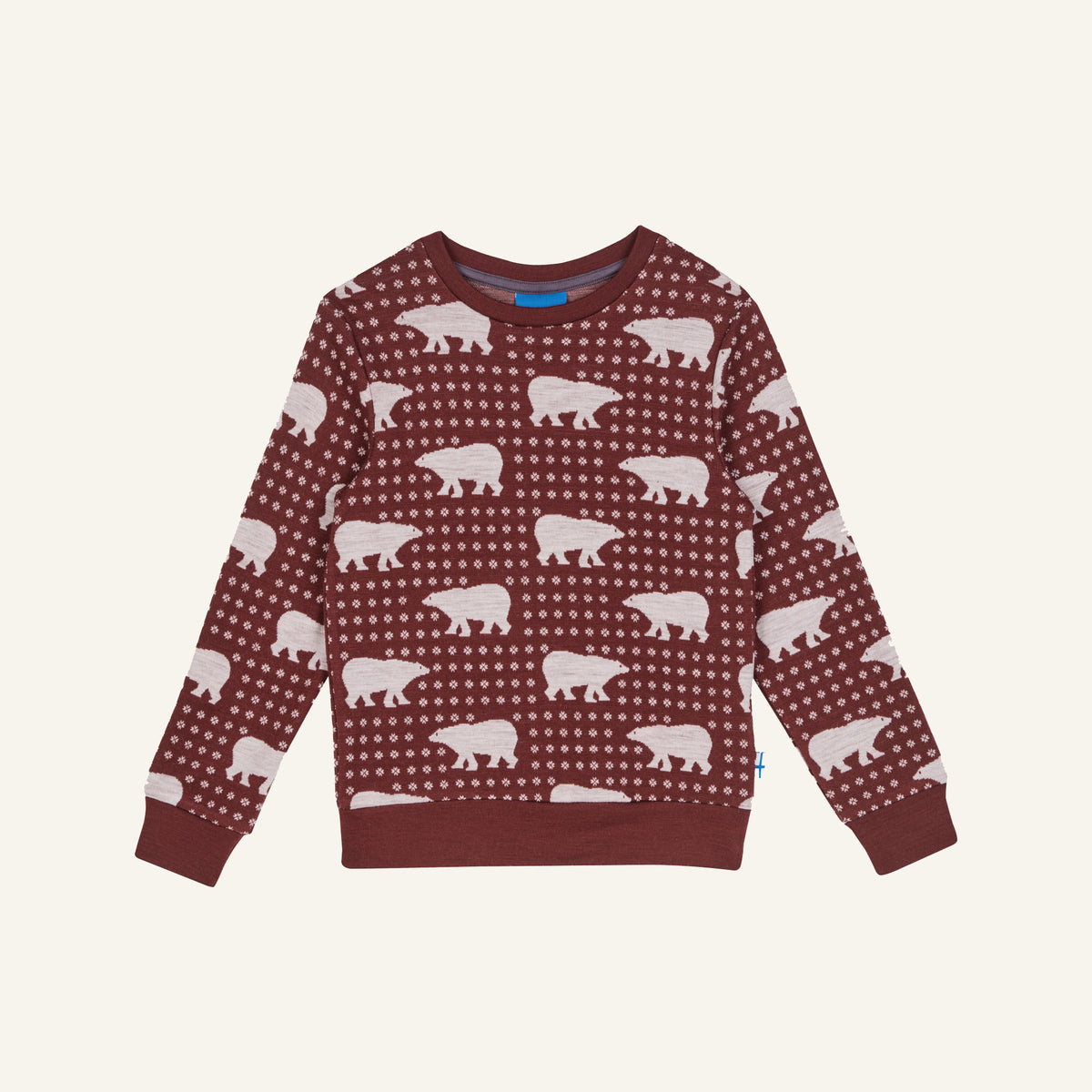Kids' burgundy bear print crew neck sweater with long sleeves