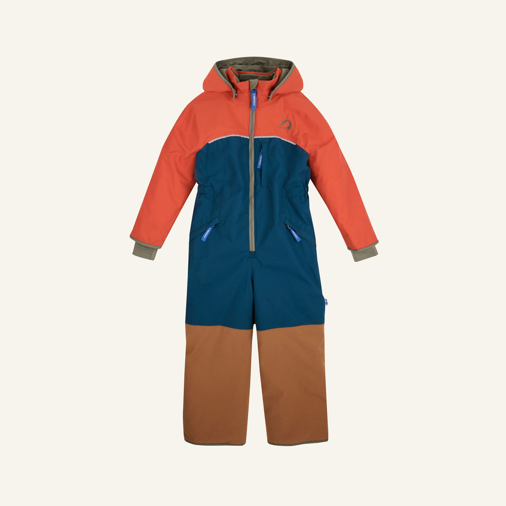 Children's snowsuit in orange, blue, and brown, with a hood and zipper