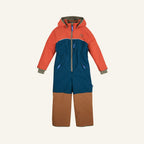 Children's snowsuit in orange, blue, and brown, with a hood and zipper